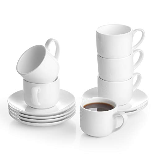 LIFVER - Juego de 6 tazas de café y platillos, 100 ml, de porcelana, apilables, para espresso, café, moca, capuchino o chocolate caliente, color blanco