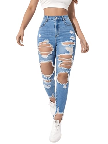 WDIRARA Women's High Waisted Ripped Raw Hem Skinny Jeans Distressed Cut Out Pants