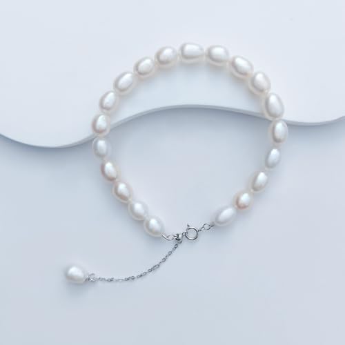 Freshwater Pearl Bracelet for Women AAA+ Quality- Exquisite and Elegant 6-8 mm White Beads Silver Pearl BraceletS925 Silver Adjustable Buckle Ladies' Holiday Gifts 6