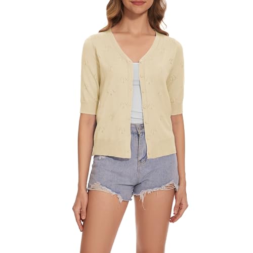 Image of Women's Short Sleeve V Neck Shrugs Button Down Knit Cropped Cardigan Sweater Tops