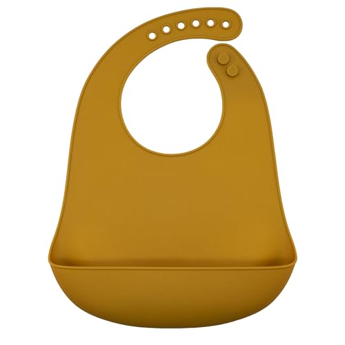 Babero silicona para bebe, Babero impermeable, Mandil para bebe, Babero con bolsillo recolector, Babero ajustable, Sin BPA, Para niño/a de 6 a 72 meses, Silicona, Apto lavavajilla, Amarillo