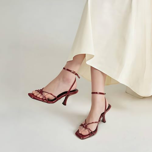 Image of PARTY Women's Square Open Toe Strappy Heeled Sandals 3 inch Stiletto Kitten Heel with Ankle Buckle Strap, Comfortable Slingback Summer Dress Shoes