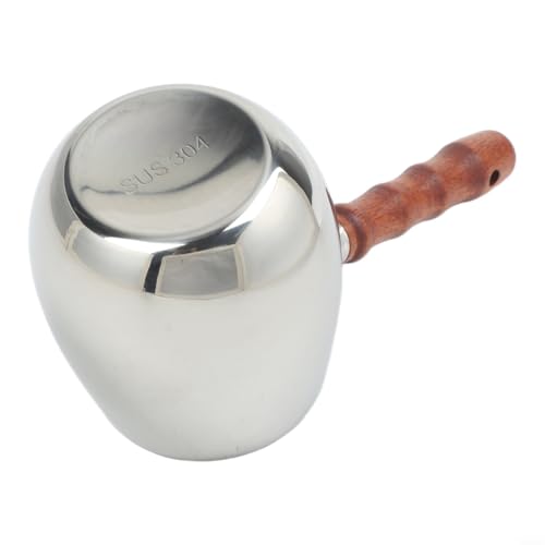 Cafetera turca de acero inoxidable con mecanismo de bloqueo de inclinación, mango de madera y escala de medición para un manejo preciso de líquidos (300 ml)
