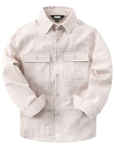 JOGAL Boys Chambray Shirts Long Sleeve Casual Button Down Shirts Solid Cotton Shirt with Flap Chest Pocket