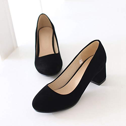 MIOKE Women's Round Toe Chunky Mid Block Heel Dress Pumps Suede Comfort Slip-On Casual Work Office Shoes4