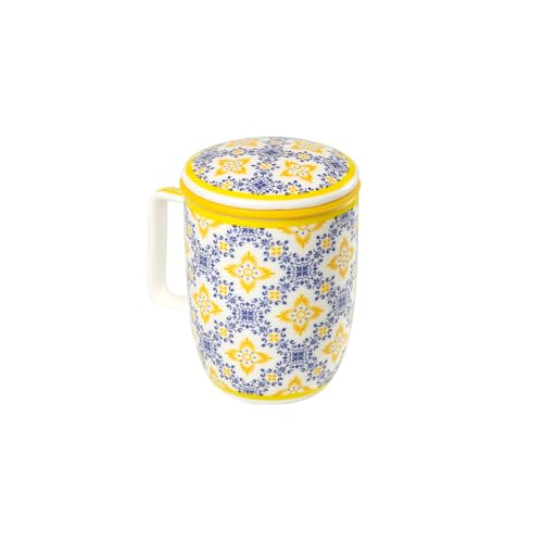 TEA SHOP - Tasse à Thé avec Filtre et Couvercle - Mug Harmony Azulejo Portugais Jaune - Tasse pour Thés et Infusions en Porcelaine