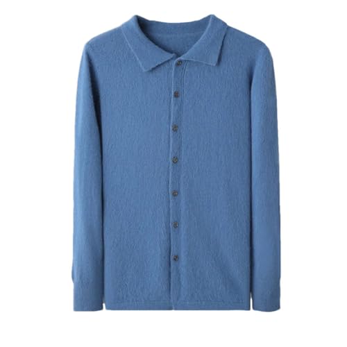 Suéter de cachemira de visón para hombre, suéter de punto liso, suéter tipo polo, azul, L