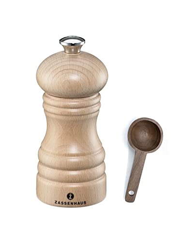 Zassenhaus Berlin Wood Mill Refillable Salt Grinder, Gift Set 4.7-Inch, Natural Beech - With Wooden Spice Scoop