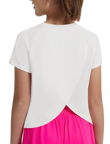 EXARUS Girls Athletic Shirts Short Sleeve Crop Tops/Split Back Quick Dry T Shirt Workout Summer Casual Kids 6-14Y