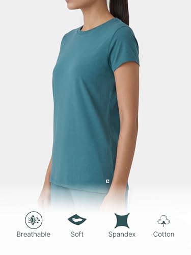 Image of Enamor Short Sleeve Crew Neck Regular Length Basic Crew T-Shirt for Women - Slim Fit, Soft and Breathable Stretch Cotton - E047