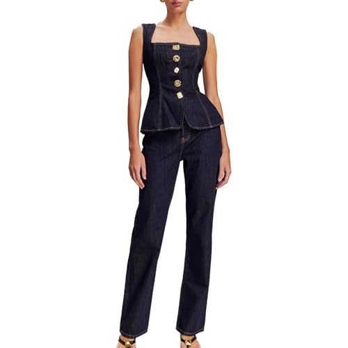 Mandonce Two Piece Denim Set Button Down Denim Vest and Straight Leg Jeans Business Casual Outfits Pants Suit Dressy Casual