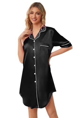 Image of Schbbbta Girls & Women Silk Nightgown, Short Sleeve Button Down Satin Nightshirt Pajama House Dress, 3 Years- Women 2XL