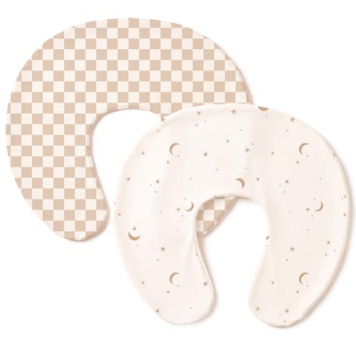 Image of Konssy 2 Pack Nursing Pillow Covers, Stretchy and Soft Nursing Cover for Breastfeeding Pillows, Pillow Slipcover for Baby Girls Boys Newborn (Moon,Coffee Check)