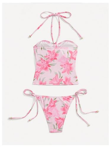 Floerns Women's 2 Piece Swimsuits Floral Ruched Halter Bikini Tie Side Bathing Suit2