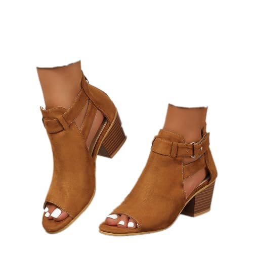 ZBYY Womens Peep Toe Ankle Booties Chunky Heels Cutout Back Zipper Sandals Suede Side Ankle Strap Dress Sandals