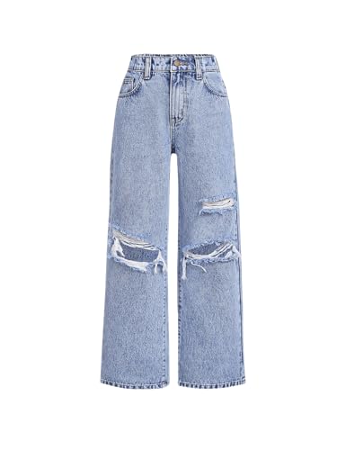 SweatyRocks Girl's Ripped Cut Out Jeans Distressed Straight Leg Denim Pants Trousers