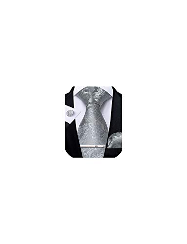 Image of DiBanGu Paisley Ties for Men Silk Necktie and Pocket Square Cufflinks Tie Clip Set Woven Classic Mens Tie for Wedding Party, Silver Grey
