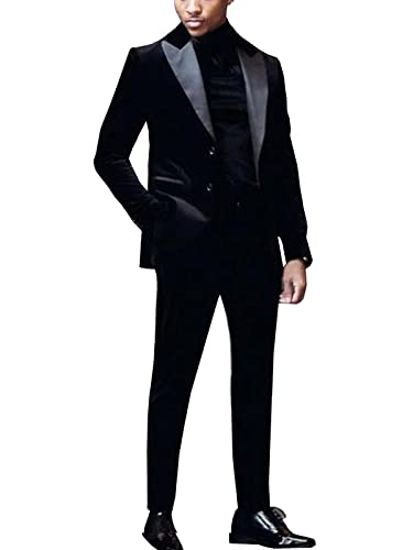 Men's Black Velvet Suit 2 Pieces One Button Peaked Lapel Blazer & Pants Slim Fit