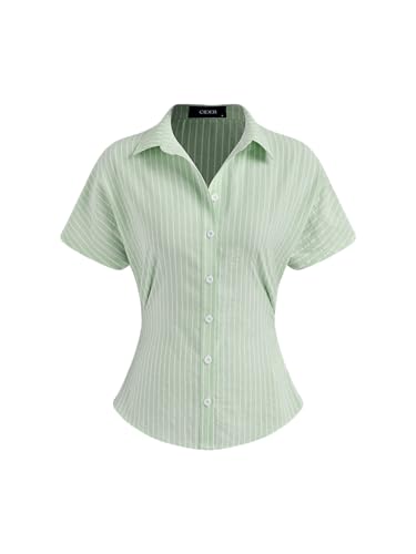 CIDER Striped Button Down Shirt Women Short Sleeve Collared Blouse Summer Work Tops Casual Shirt Cotton Blend