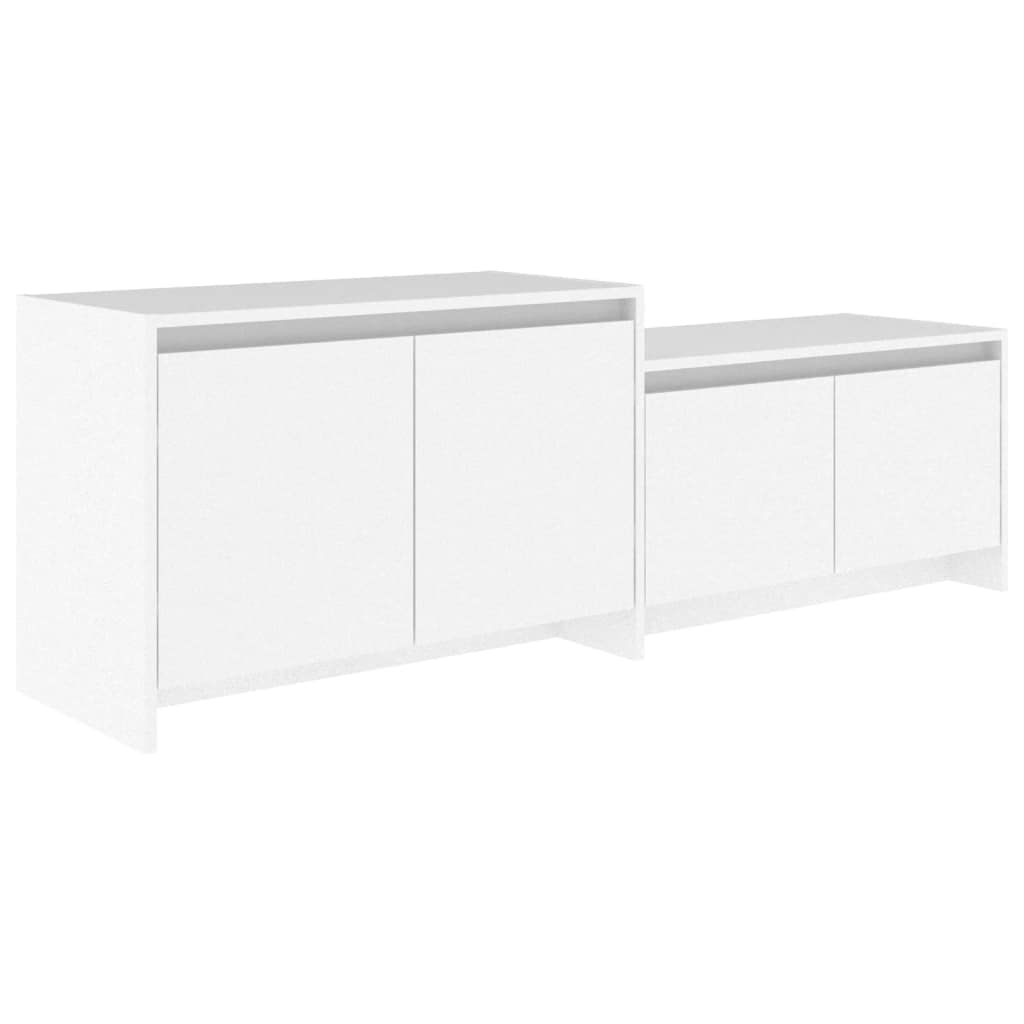 Szafka TV biała 146,5 x 35 x 50 cm, materiał drewnopochodny, 4 drzwi, trwała, do salonu, konsola medialna, uniwersalna podstawka pod telewizor, łatwy montaż