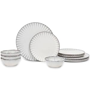 12-Piece Dinnerware Set for 4 | Inku Tableware by Sergio Herman | 4 Small White Plates, 4 Large Plates, 4 Pasta Bowls | Stoneware Home Kitchen Essentials Sets | Dishware and Dishes | Utensils