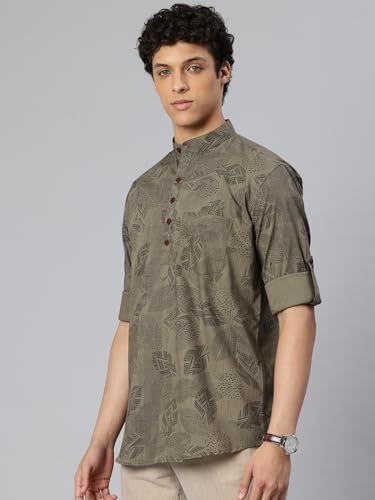 Image of Majestic Man Men's Pure Cotton Printed Mandarin Collar Regular Fit Roll-Up Sleeves Short Kurta