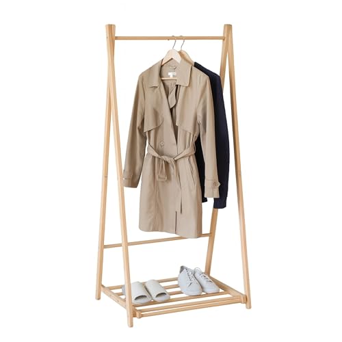 Mottiwood Appendiabiti in Legno Faggio con Ripiano Portascarpe, Guardaroba con Asta, Autoportante in Legno, 66.5x44.5x153h cm, Made in Italy