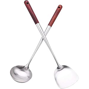 Fransande Wok Spatel en Polpel Tool Set, 17 inch spatel voor Wok, stalen wok spatel