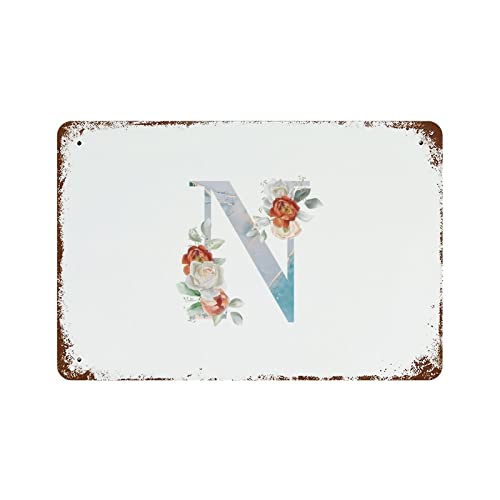 Panneau en métal monogramme floral N blanc rétro 30x45 cm