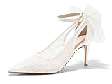 Coutgo Womens Lace High Heels Closed Pointed Toe Stiletto Pumps Bow Tie Ankle Strap Wedding Party Dress Shoes, White, Size 7.5