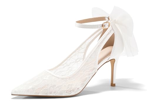 Coutgo Womens Lace High Heels Closed Pointed Toe Stiletto Pumps Bow Tie Ankle Strap Wedding Party Dress Shoes, White, Size 7.5