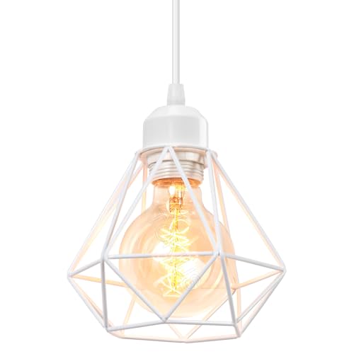 TOKIUS Lámparas de Techo Retro Plafón Ø 16cm Vintage Lámpara Colgante Diseño de Jaula de Hierro Blanco E27 Iluminación de Techo de Interior para Pasillo Porche Cocina Dormitorio (Colgante 1 Luz)
