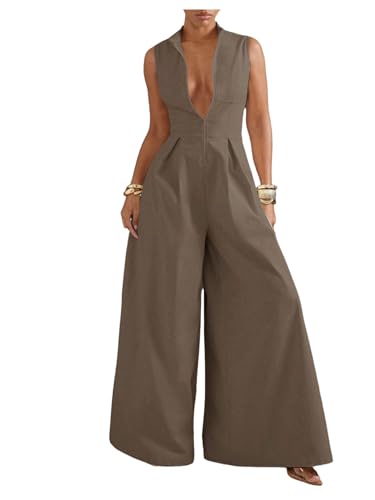 Verdusa Women's Zip Up Wide Leg Jumpsuits Sleeveless One Piece