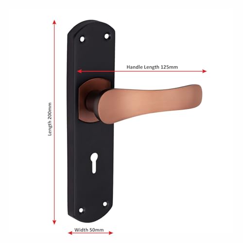 Image of Milton Iron Mhi - R-300 Mortise Lock Set with Rose Copper Handle, Black Plate, 200mm Length, 125mm Handle, Keyhole Design, Complete with Keys and Hardware
