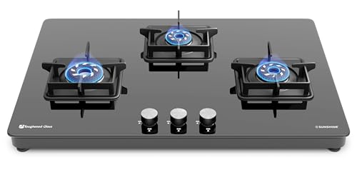 Image of Sunshine Magnite Gas Stove | 3 Burner Glass Hob Top Cooktop | Warranty By Sunshine - 10 Year On Glass | ISI Certified | Manual Ignition, SABAF, LPG Ready & PNG Compatible (Premium - Black)