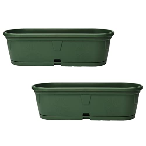 ENGELLAND 2X Pflanzkübel mit Untersetzer für Innen- und Außenbereich wetterfest Dekoration Balkon Büro Pflanzgefäß Blumentopf länglich oval grün dunkelgrün