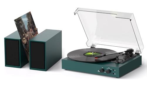 Vinyl Record Player with Bluetooth and Stereo External Speakers | Vinyl to MP3 Converter | 3-Speed Turntable with USB Recording, AUX Input, RCA Output, Headphone Jack, Auto Stop, Green