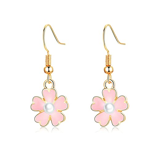 Cute Pink Flower Pearl Small Dangle Drop Earrings for Women Sensitive Ear Boho Tiny Little Charm Hook Dangling Hanging Hypoallergenic Dainty Jewelry Daughter Her Bff Holiday