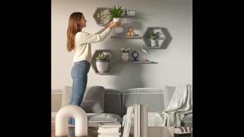 Image of Hexagon Wall Shelves Set of 6 | Wooden Floating Wall Shelf for Home Decor | Honeycomb Design Wall Rack for Living Room, Bedroom & Office (Grey)
