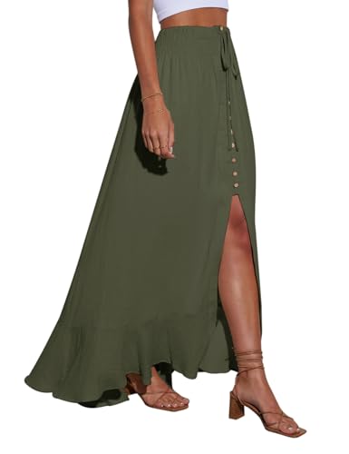 Image of Minclouse Women's Elastic Tie Waist Button Down Maxi Skirts Casual Loose Flowy Swing Slit Front Dress