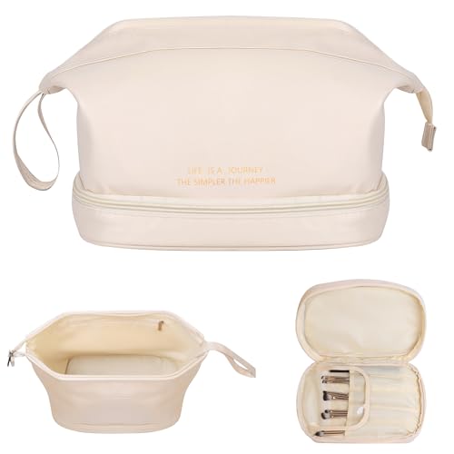 Travel Makeup Bag, Large Capacity Cosmetic Bag, Portable Pouch Toiletry Bag, Waterproof Make up Bag Organizer with Bottom Pouch, Double Layer Makeup Storage Bag for Women, Ivory