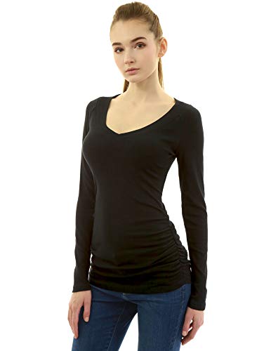AmélieBoutik Women V Neck Raglan Long Sleeve Ruched Sides Top