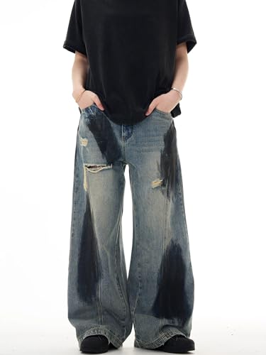 GUOYUXIAO Men's Jeans Summer high-Street Distressed Denim Pants Loose Straight-Leg Wide-Leg Trouser for Men4