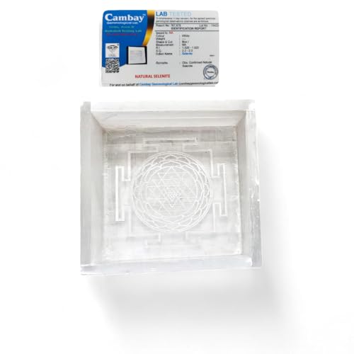 Image of Natural Selenite Charging Box with Handcarved Shree Yantra | Certified Crystal Charger for Crystal Bracelets, Jewelry & Healing Stones (Size3x3 inch)