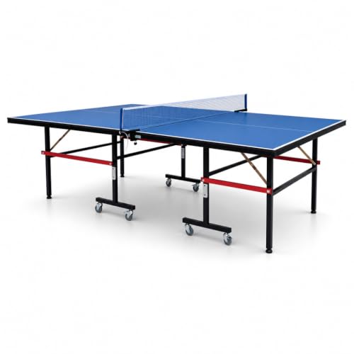 Mesa de Ping Pong Plegable compacta con Red incluida 274 × 153 × 76 cm – Ruedas giratorias con Freno, Estructura metálica Reforzada, Superficie Azul de Torneo, Interior