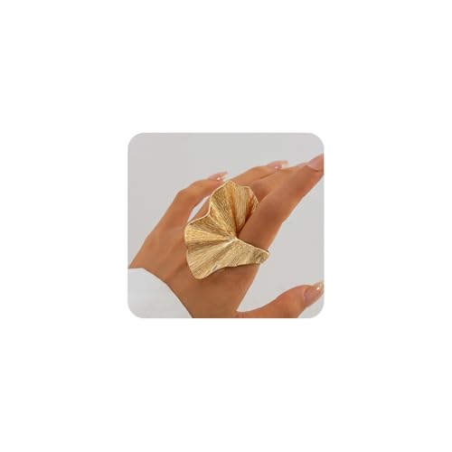 Rrdaily Chunky Gold Ginkgo Leaf Knuckle Ring for Women,Vintage Geometric Pleated Petal Statement Finger Ring,Personalized Trendy Jewelry Accessories Gifts(Gold)