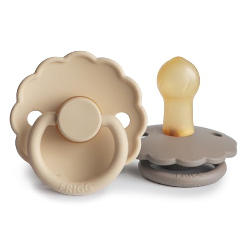 Image of FRIGG Daisy Natural Rubber Baby Pacifier | Made in Denmark | BPA-Free (Croissant/Portobello, 0-6 Months) 2-Pack