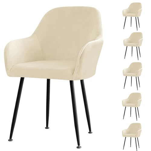 Juego de 6 fundas de terciopelo elástico para sillas con brazos, elegantes fundas para comedor, oficina, cocina, sala de estar, hotel y banquetes, color beige y protección elegante