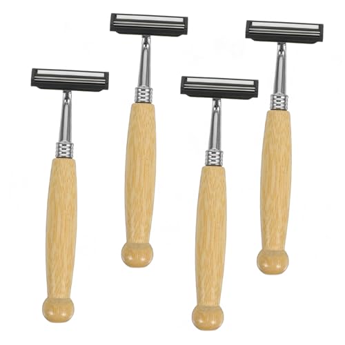 NULYLU 4 Pcs Bamboo Handle Razor Razor Handle Stainless Steel Safety Shaving Blades Men's Shaving Kit