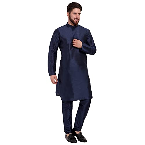 Image of SKAVIJ Men's Art Silk Solid Kurta Pyjama Set Festive Woven Design 2-Piece Ethnic Dress (KP055blue Blue S)